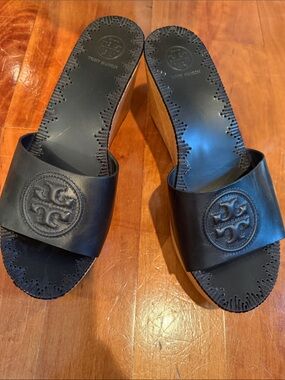 Tory Burch Black Leather Logo Slide Mules.  Never Worn!